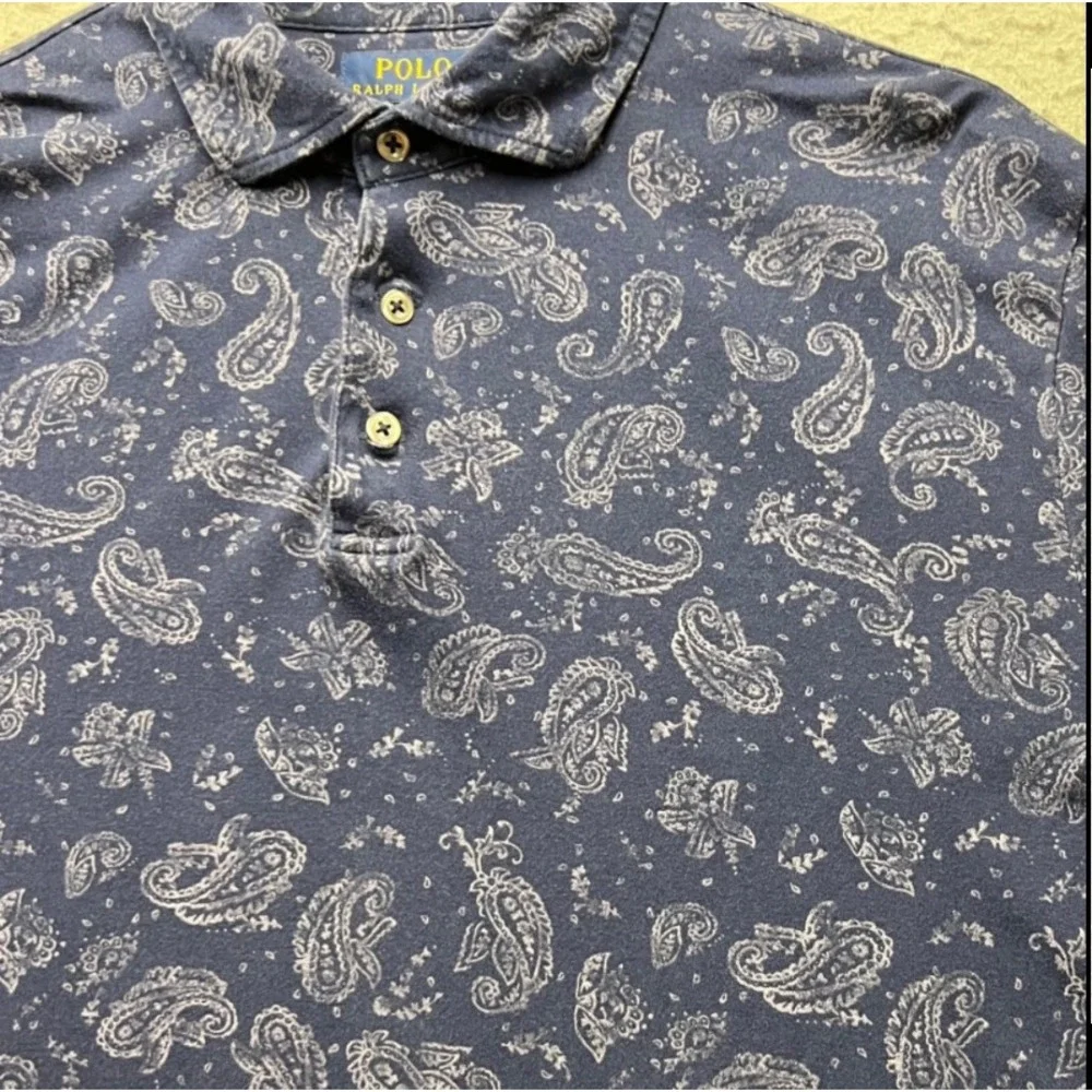 Polo Ralph Lauren Mens Large Classic Fit Paisley Print Cotton Polo Shirt Navy